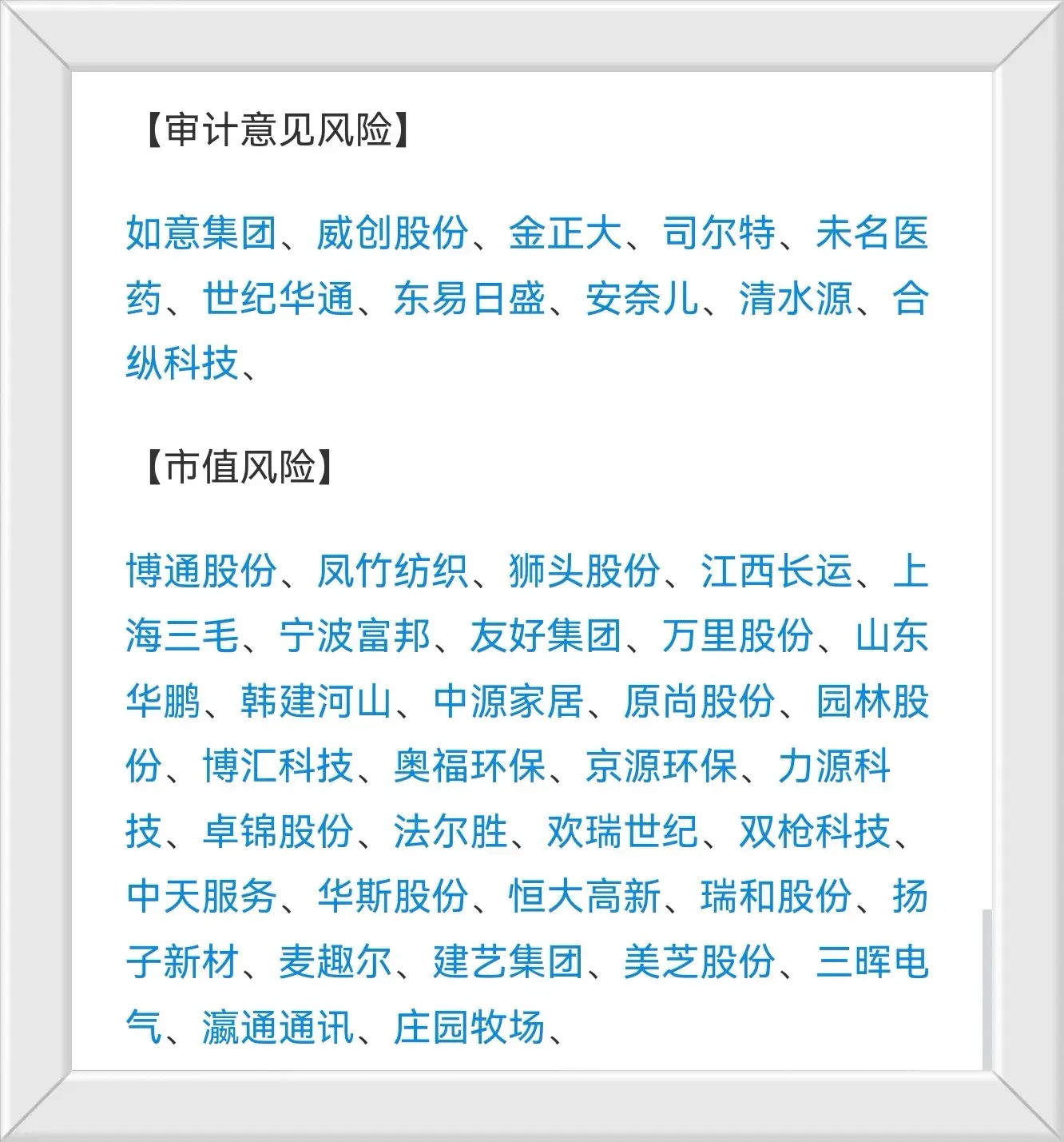财务退市审计意见风险分红ST风险价格市值风险概念股一览