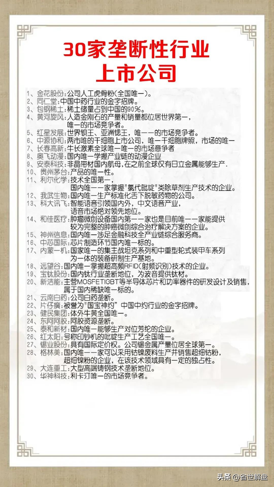 A股各行业龙头股垄断性龙头全球第一优质龙头汇总
