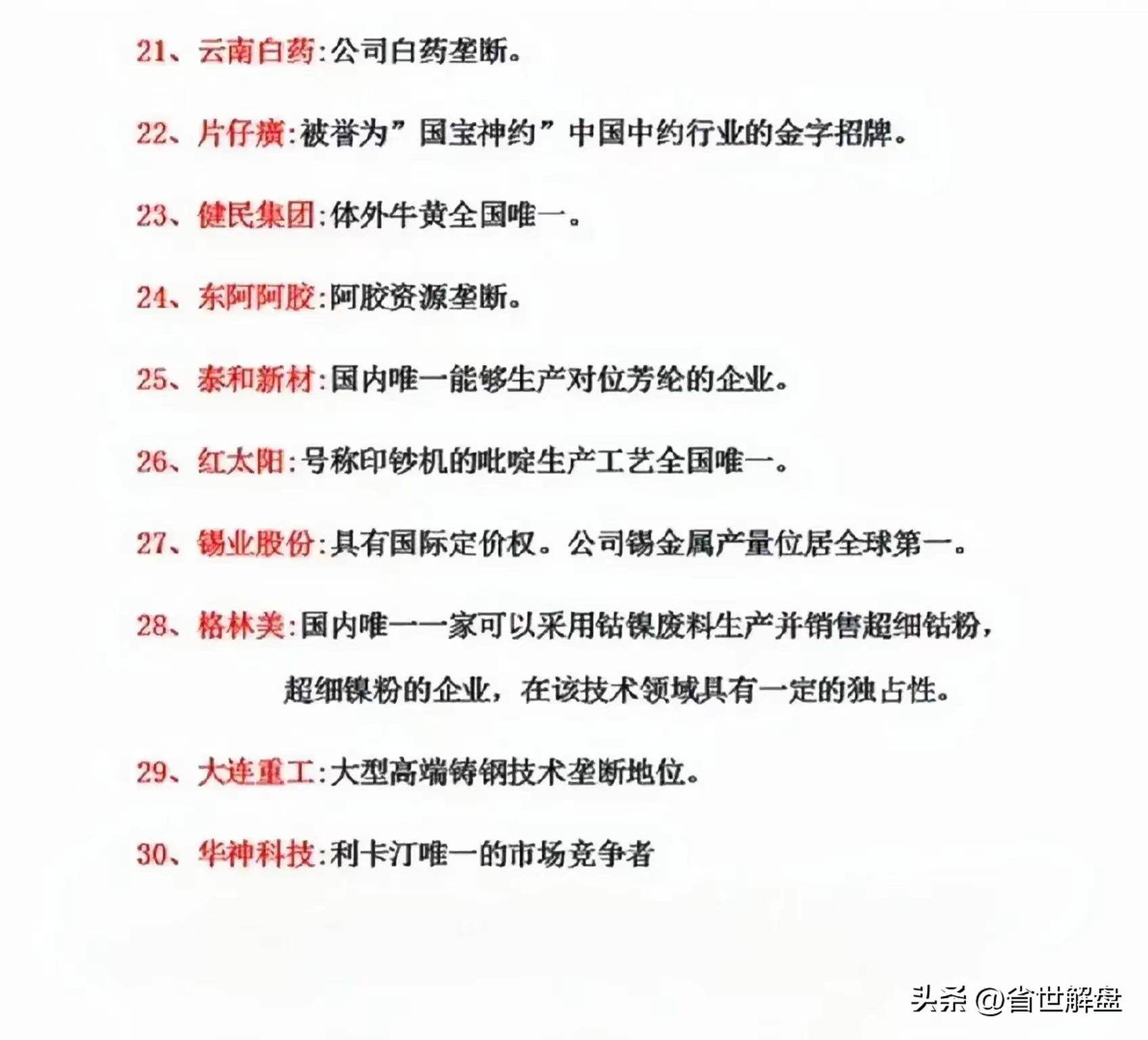 A股仅30家最具垄断性和唯一性的上市公司极高辨识度！